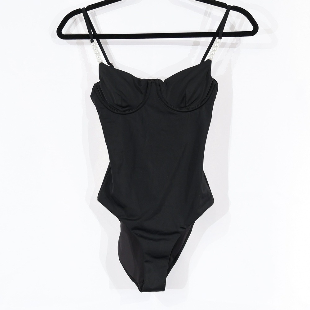 AQUA Swim One Piece Swimsuit Women XS Black Pearl Strap Classic Resort‎ $108 NWT